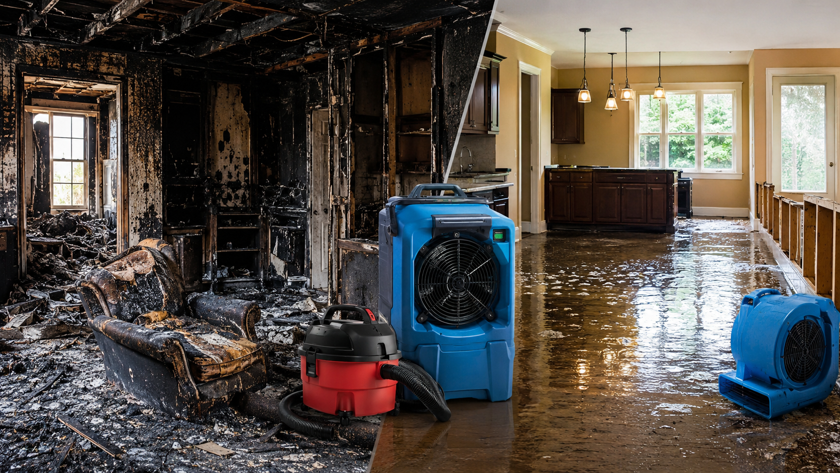 Fire and water damage restoration scene showing a fire-damaged room, flooded property, and professional restoration equipment used for emergency property recovery in Saratoga County.