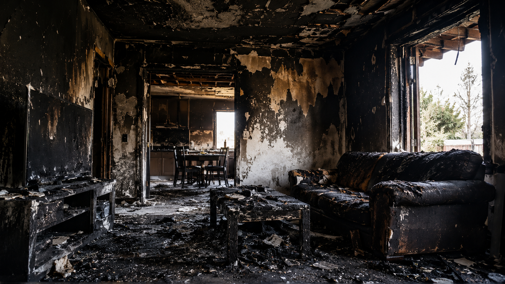 Fire-damaged residential interior showing severe smoke, soot, and structural damage requiring professional fire and smoke damage repair services