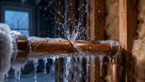 Frozen burst water pipe with ice buildup inside a property during winter, showing emergency frozen pipe repair and water damage restoration.