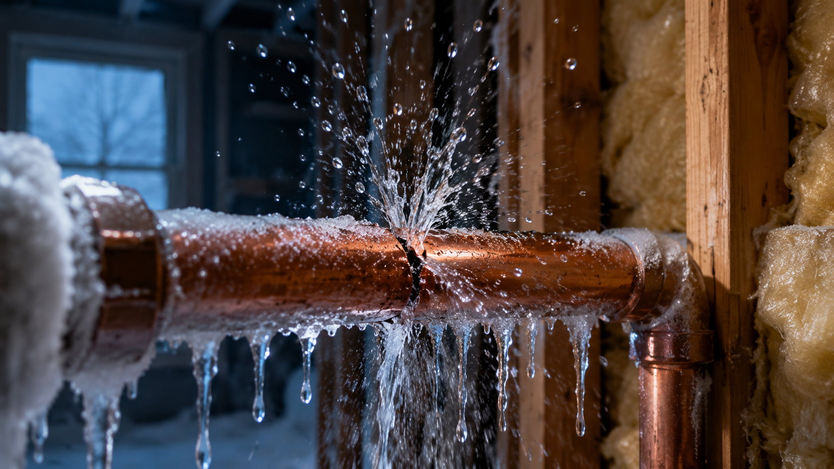 Frozen burst water pipe with ice buildup inside a property during winter, showing emergency frozen pipe repair and water damage restoration.