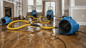 Professional water damage restoration process with industrial drying equipment, dehumidifiers, and water extraction tools inside a flood-damaged property