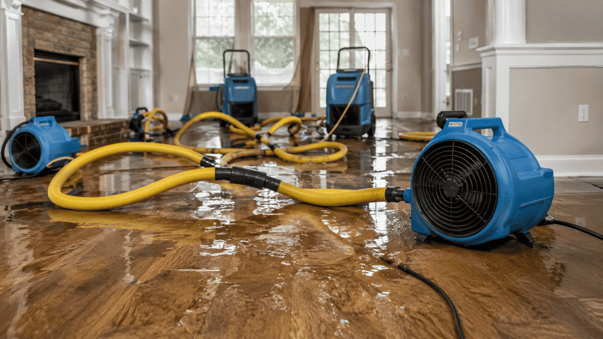 Professional water damage restoration process with industrial drying equipment, dehumidifiers, and water extraction tools inside a flood-damaged property