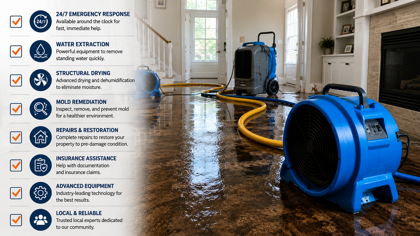 Professional water damage restoration service showing emergency water extraction, structural drying, mold remediation, insurance assistance, and advanced drying equipment in a flooded residential property.